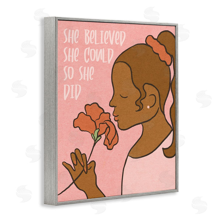 Stupell Studio | So She Did Inspirational Phrase Girl with Flower