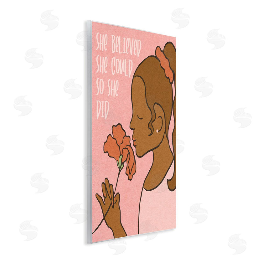 Stupell Studio | So She Did Inspirational Phrase Girl with Flower
