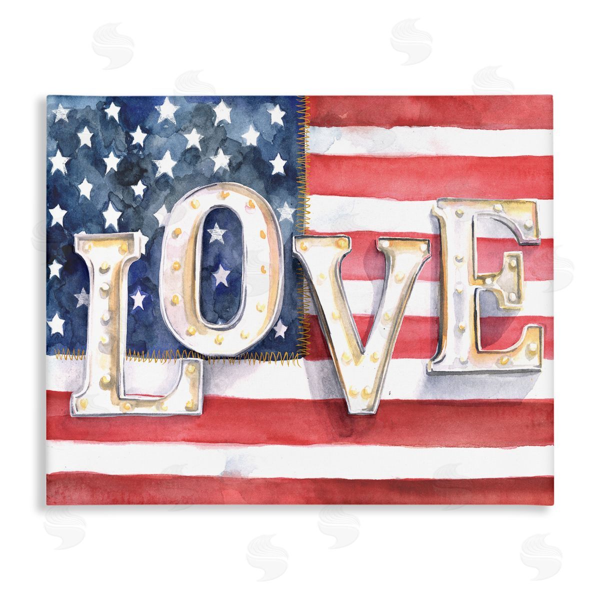 Jennifer Paxton Parker Vintage Love Text Over Stitched American Flag  Canvas Wall Art