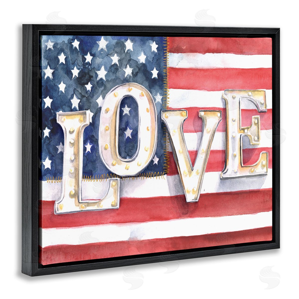 Jennifer Paxton Parker Vintage Love Text Over Stitched American Flag  Black Floater Frame Canvas Art