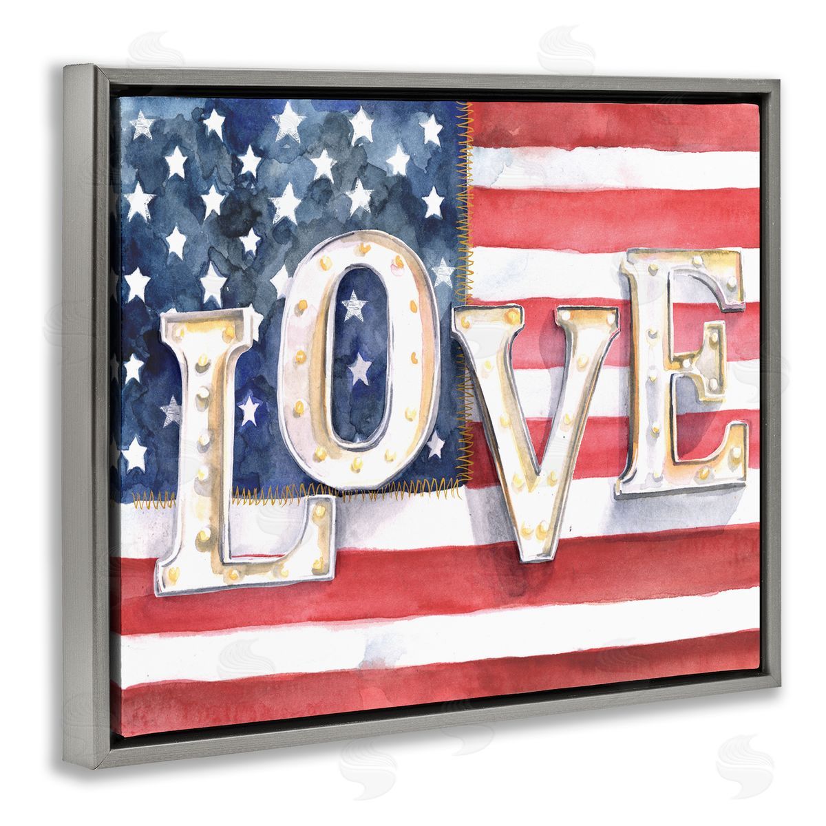 Jennifer Paxton Parker Vintage Love Text Over Stitched American Flag  Gray Floater Frame Canvas Art
