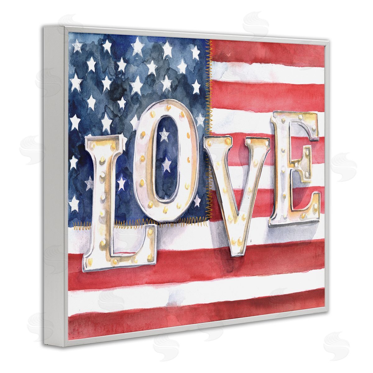 Jennifer Paxton Parker Vintage Love Text Over Stitched American Flag  White Framed Giclee Wall Art