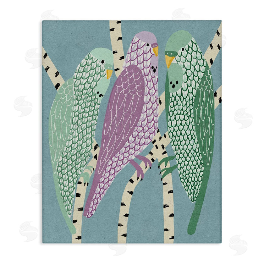 Stupell Studio | Parakeets Perched On Birch Purple Green Birds