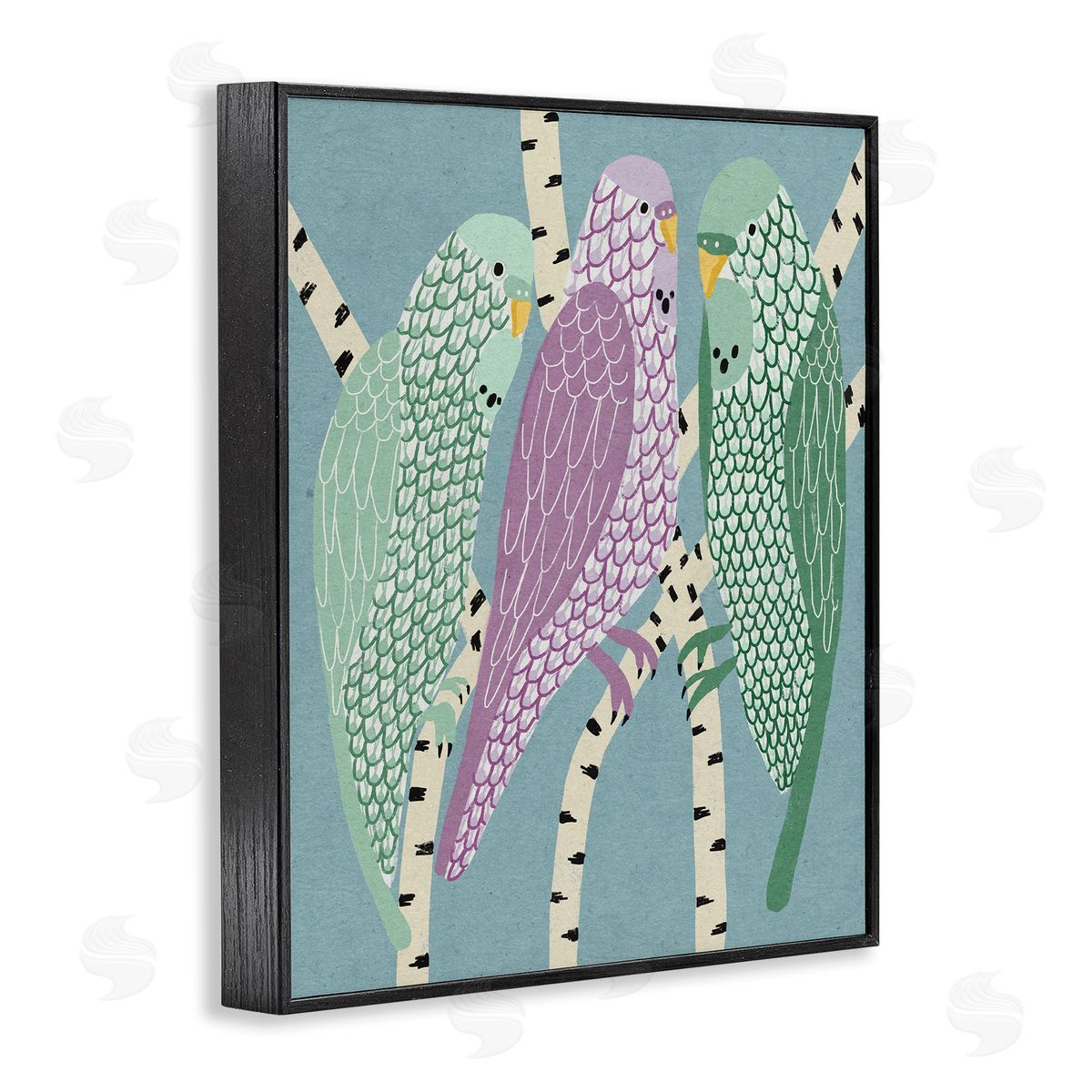 Stupell Studio Parakeets Perched On Birch Purple Green Birds Black Framed Giclee Wall Art