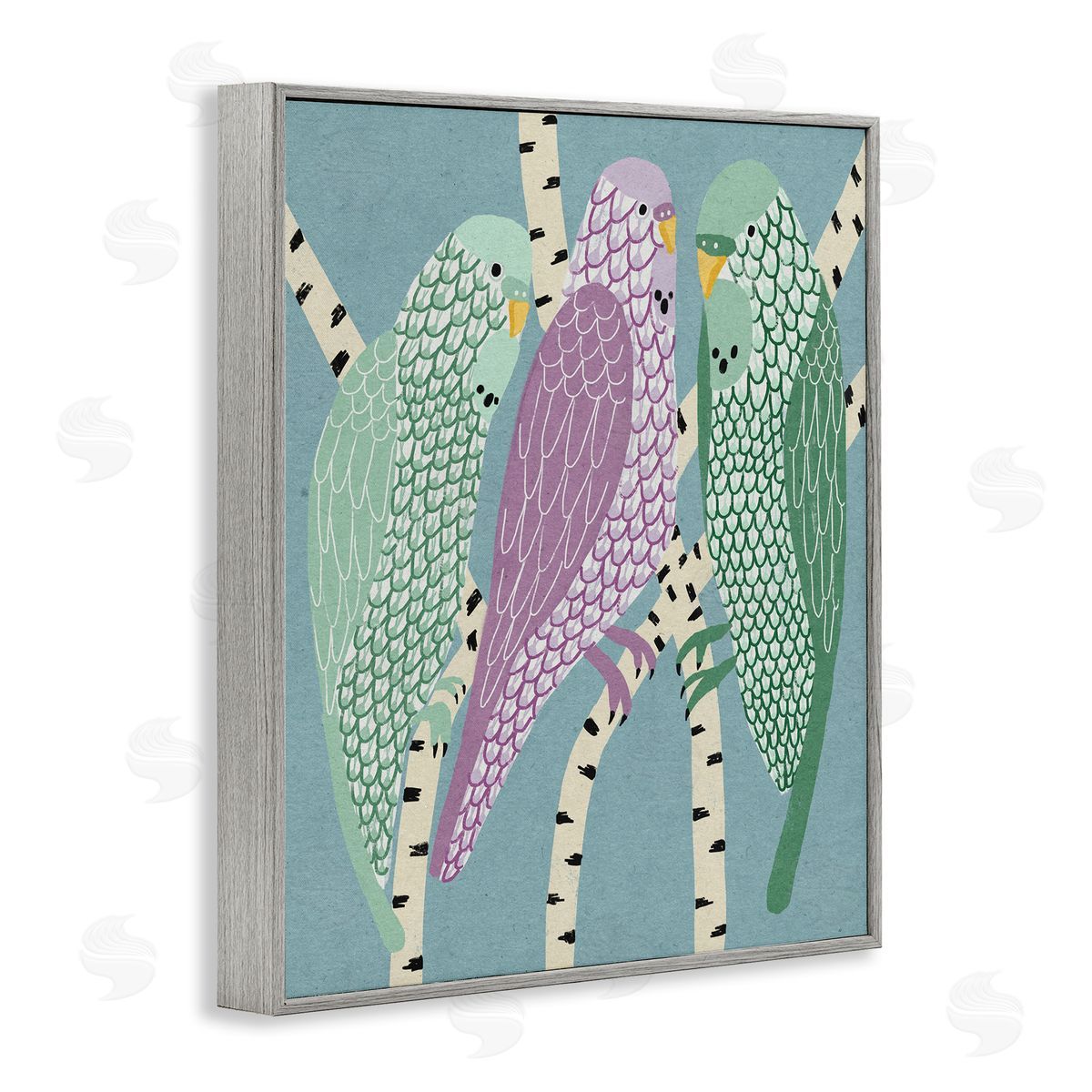 Stupell Studio Parakeets Perched On Birch Purple Green Birds Gray Framed Giclee Wall Art