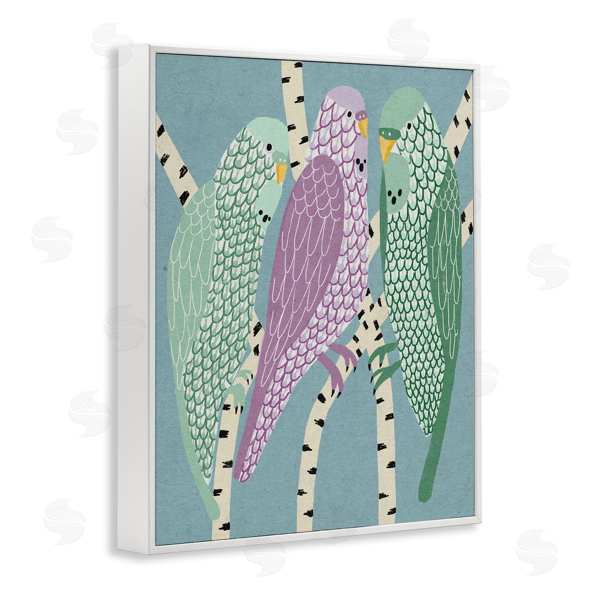 Stupell Studio Parakeets Perched On Birch Purple Green Birds White Framed Giclee Wall Art