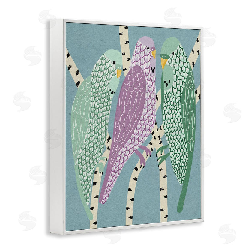 Stupell Studio | Parakeets Perched On Birch Purple Green Birds
