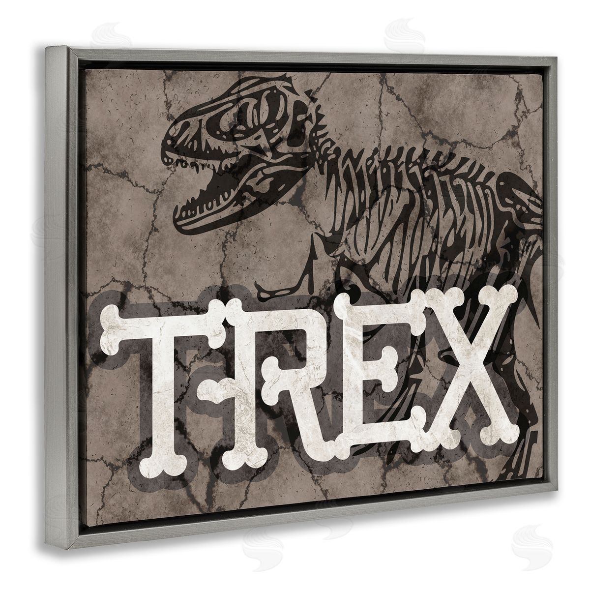 Stupell Studio Ancient T-Rex Skeleton Large Reptile Bone Typography Gray Floater Frame Canvas Art