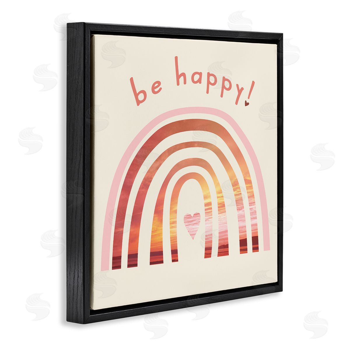 Stupell Studio Be Happy Phrase Warm Tone Beach Rainbow Black Floater Frame Canvas Art