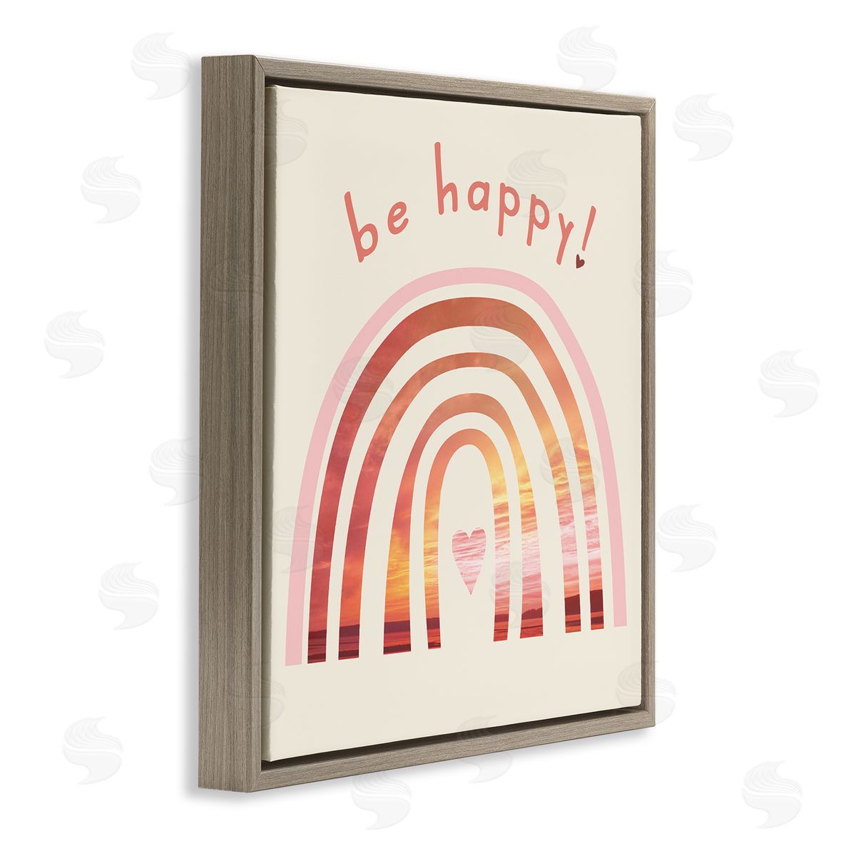 Stupell Studio Be Happy Phrase Warm Tone Beach Rainbow Brown Floater Frame Canvas Art