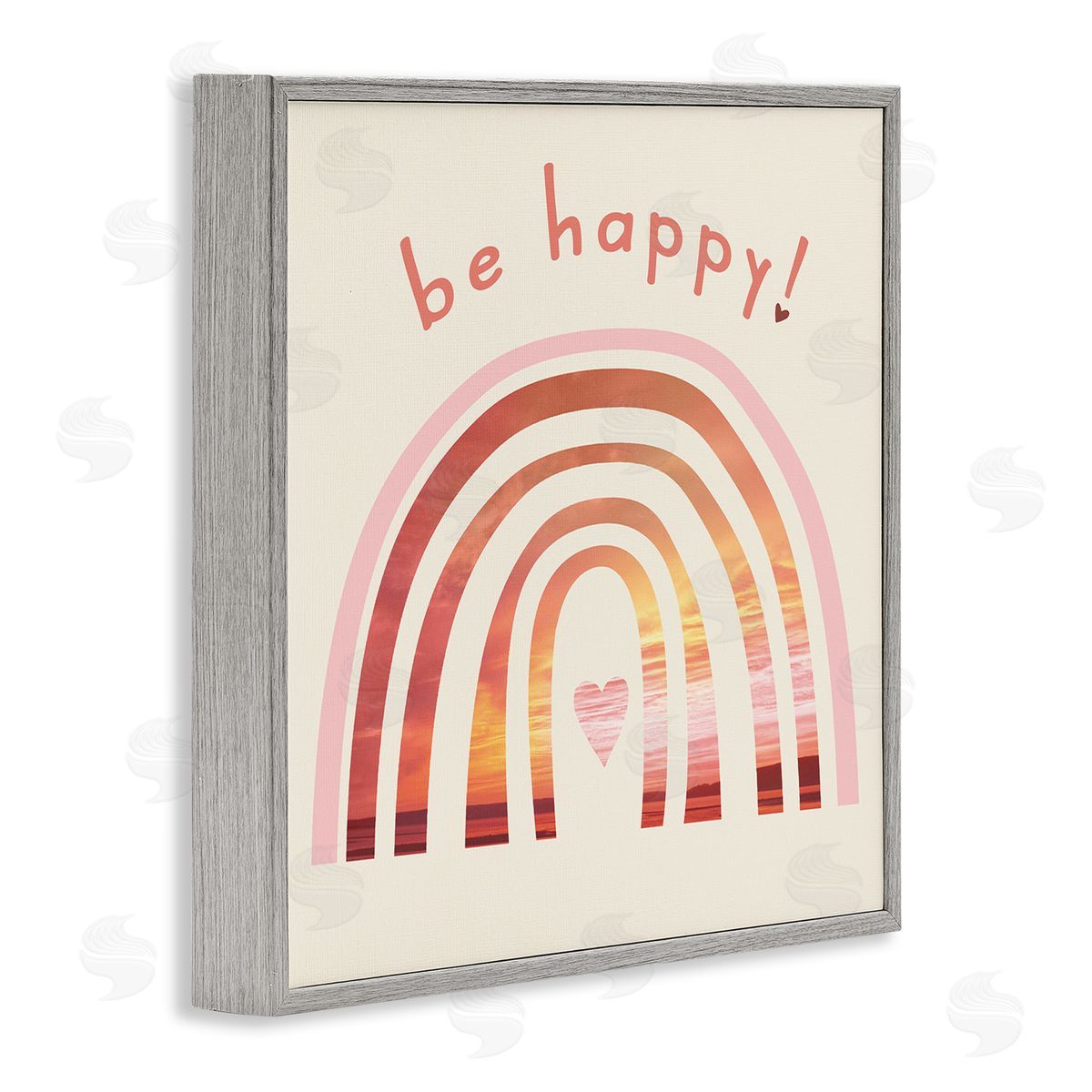 Stupell Studio Be Happy Phrase Warm Tone Beach Rainbow Gray Framed Giclee Wall Art