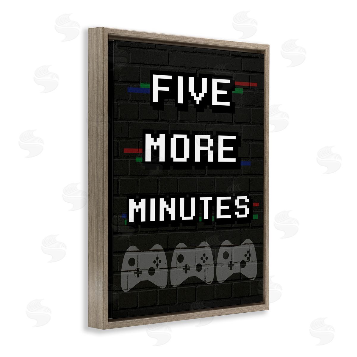 Stupell Studio Five More Minutes Video Game Phrase Retro Bricks Brown Floater Frame Canvas Art