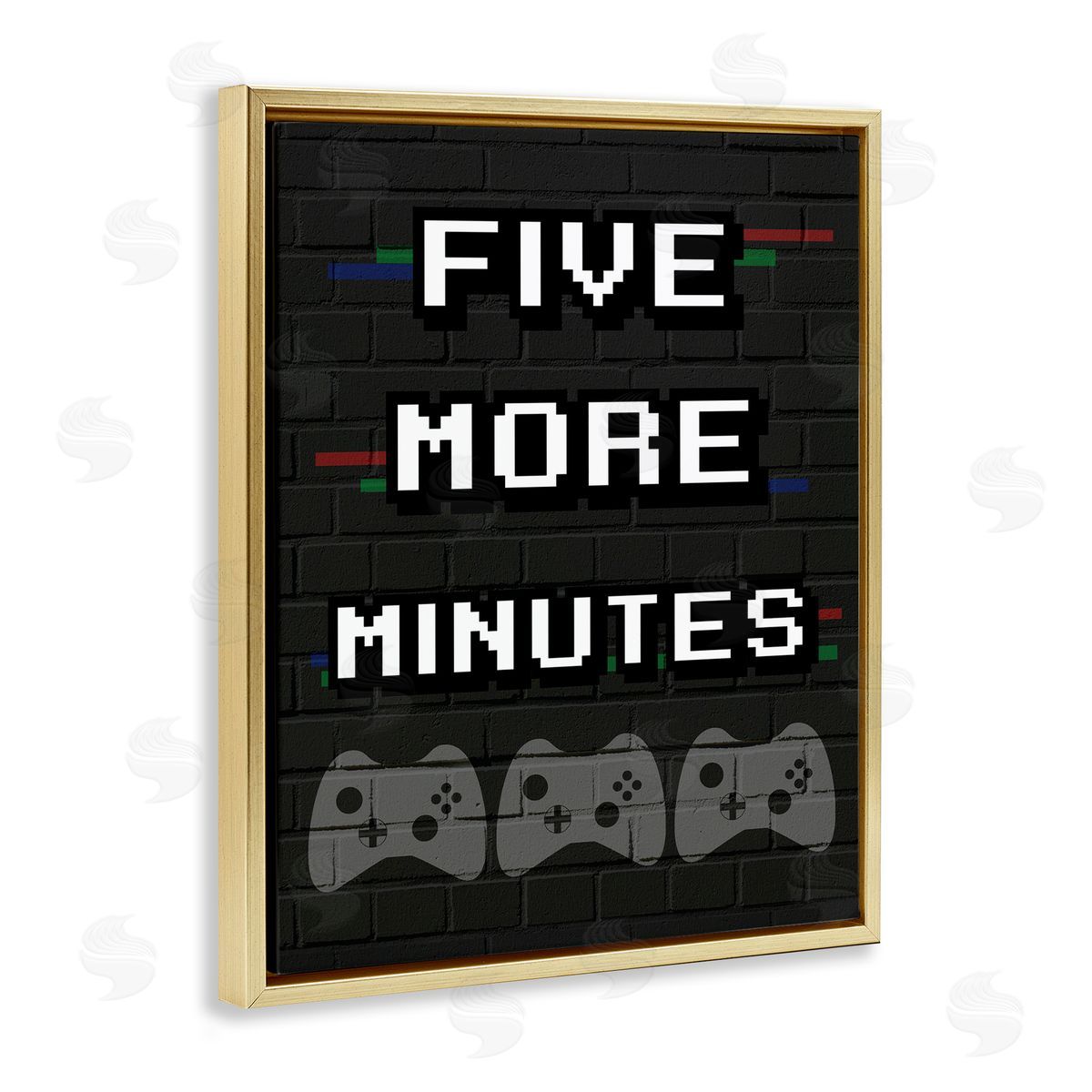 Stupell Studio Five More Minutes Video Game Phrase Retro Bricks Gold Floater Frame Canvas Art