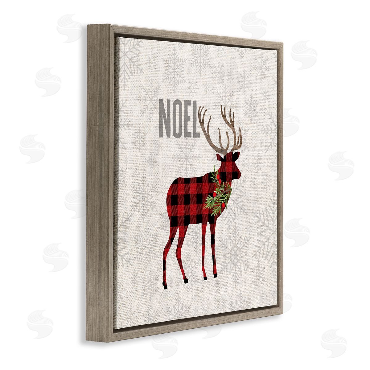 Fluidity/PDR LLC. Noel Phrase Patchwork Reindeer Christmas Snowflakes Brown Floater Frame Canvas Art