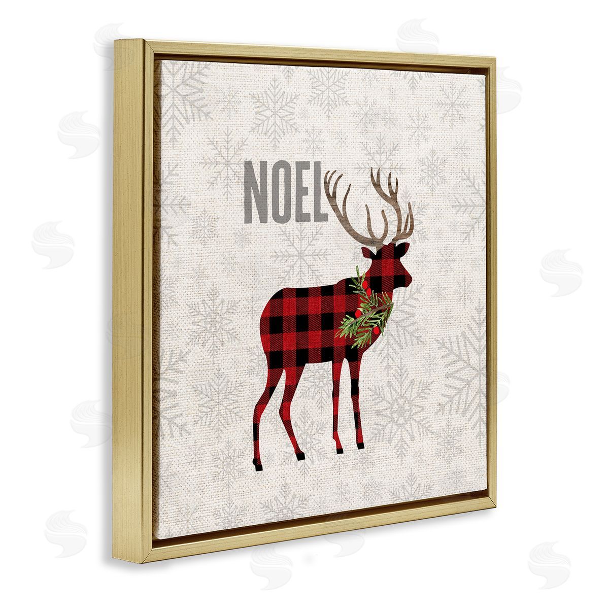 Fluidity/PDR LLC. Noel Phrase Patchwork Reindeer Christmas Snowflakes Gold Floater Frame Canvas Art