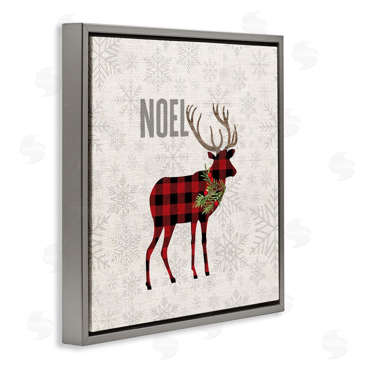 Fluidity/PDR LLC. Noel Phrase Patchwork Reindeer Christmas Snowflakes Gray Floater Frame Canvas Art