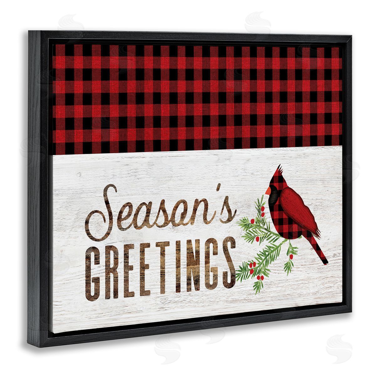 Fluidity/PDR LLC. Season's Greetings Phrase Red Patchwork Cardinal bird Black Floater Frame Canvas Art