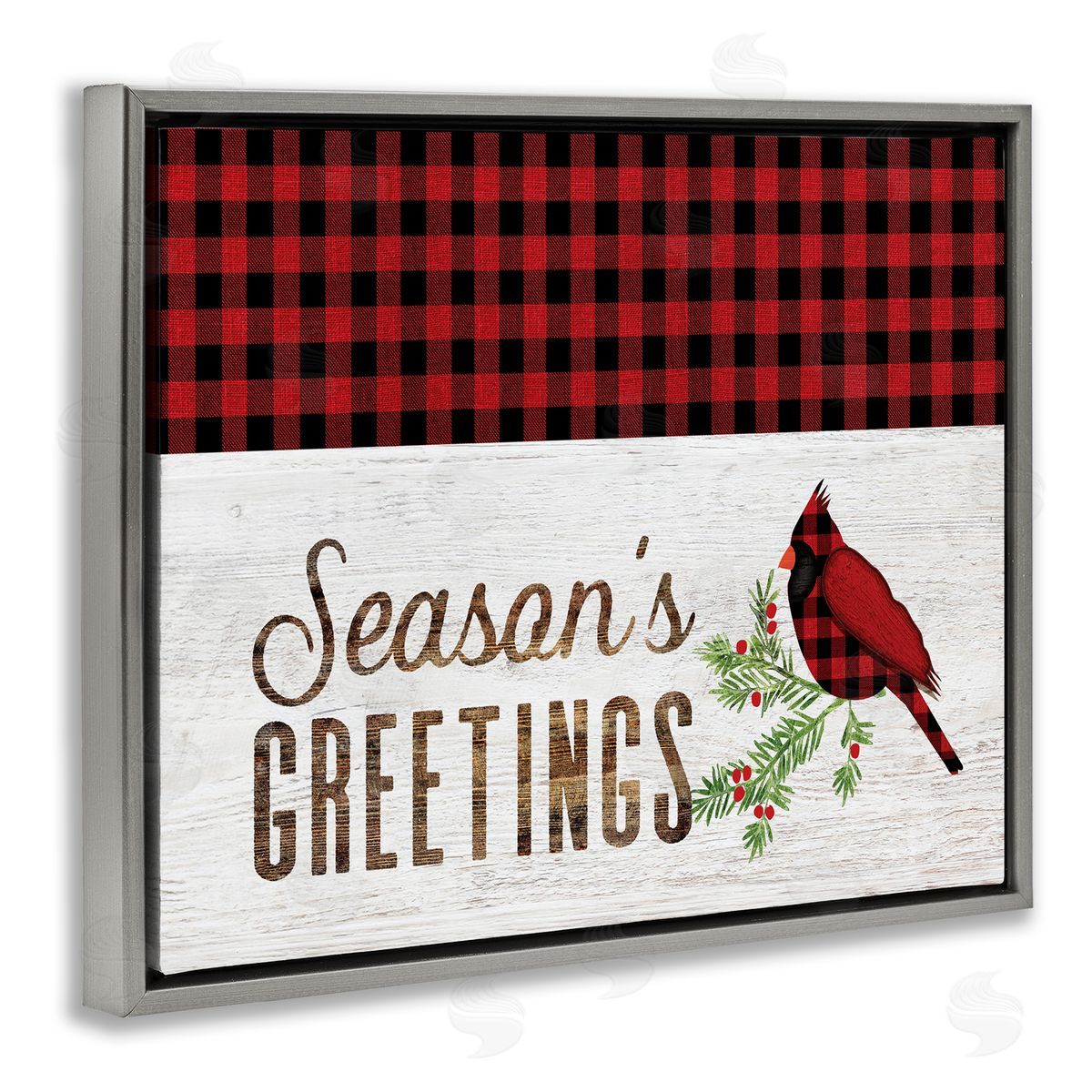 Fluidity/PDR LLC. Season's Greetings Phrase Red Patchwork Cardinal bird Gray Floater Frame Canvas Art