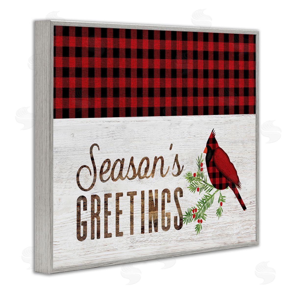 Fluidity/PDR LLC. Season's Greetings Phrase Red Patchwork Cardinal bird Gray Framed Giclee Wall Art