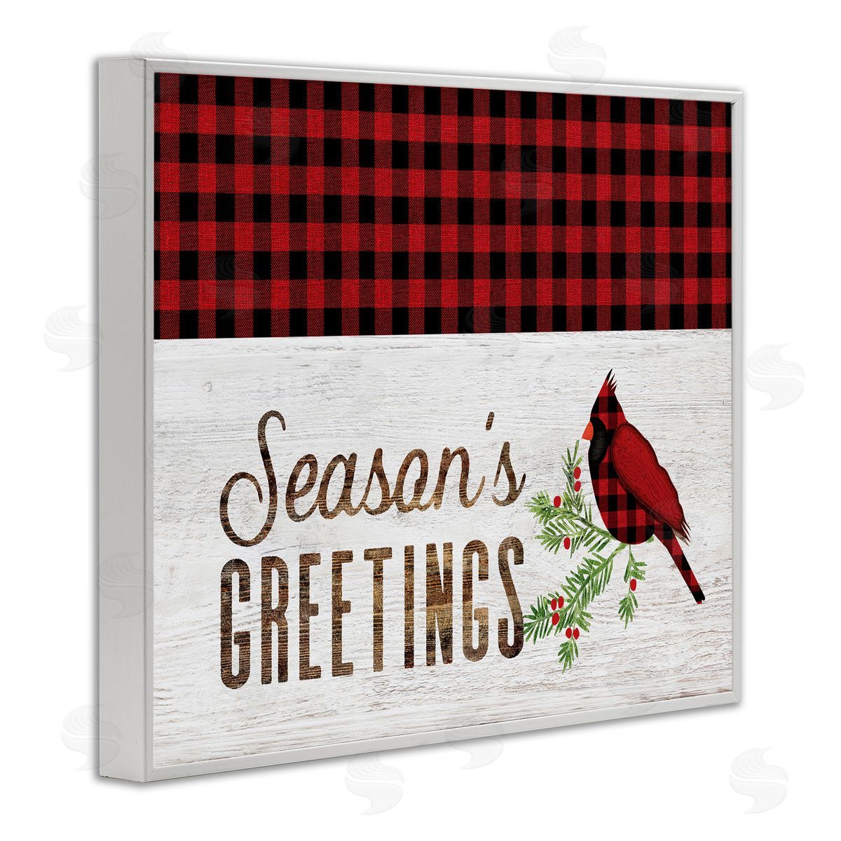 Fluidity/PDR LLC. Season's Greetings Phrase Red Patchwork Cardinal bird White Framed Giclee Wall Art
