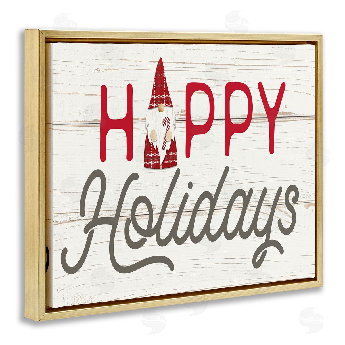 Fluidity/PDR LLC. Happy Holidays Phrase Festive Plaid Christmas Gnome Gold Floater Frame Canvas Art