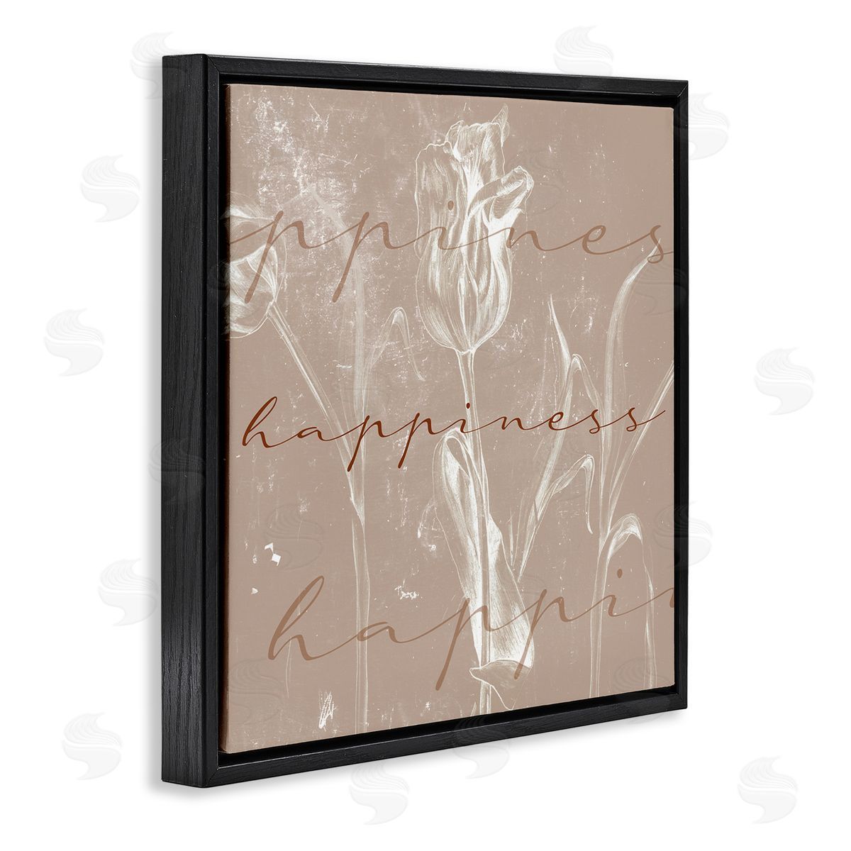 Stupell Studio Happiness Cursive Script Brown Tulip Illustration Black Floater Frame Canvas Art