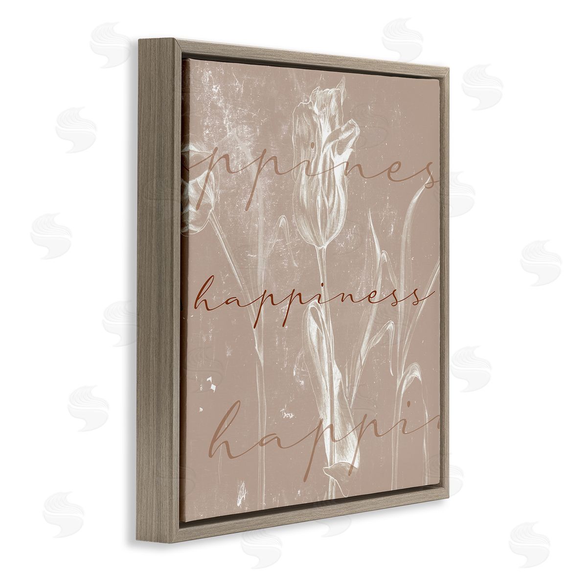 Stupell Studio Happiness Cursive Script Brown Tulip Illustration Brown Floater Frame Canvas Art
