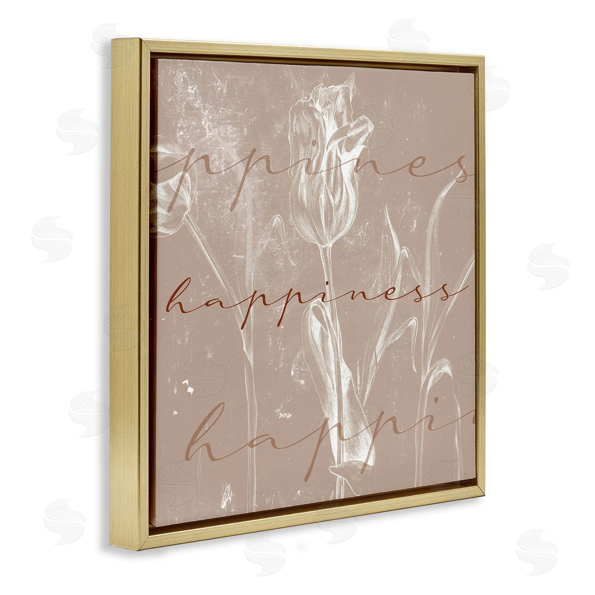 Stupell Studio Happiness Cursive Script Brown Tulip Illustration Gold Floater Frame Canvas Art