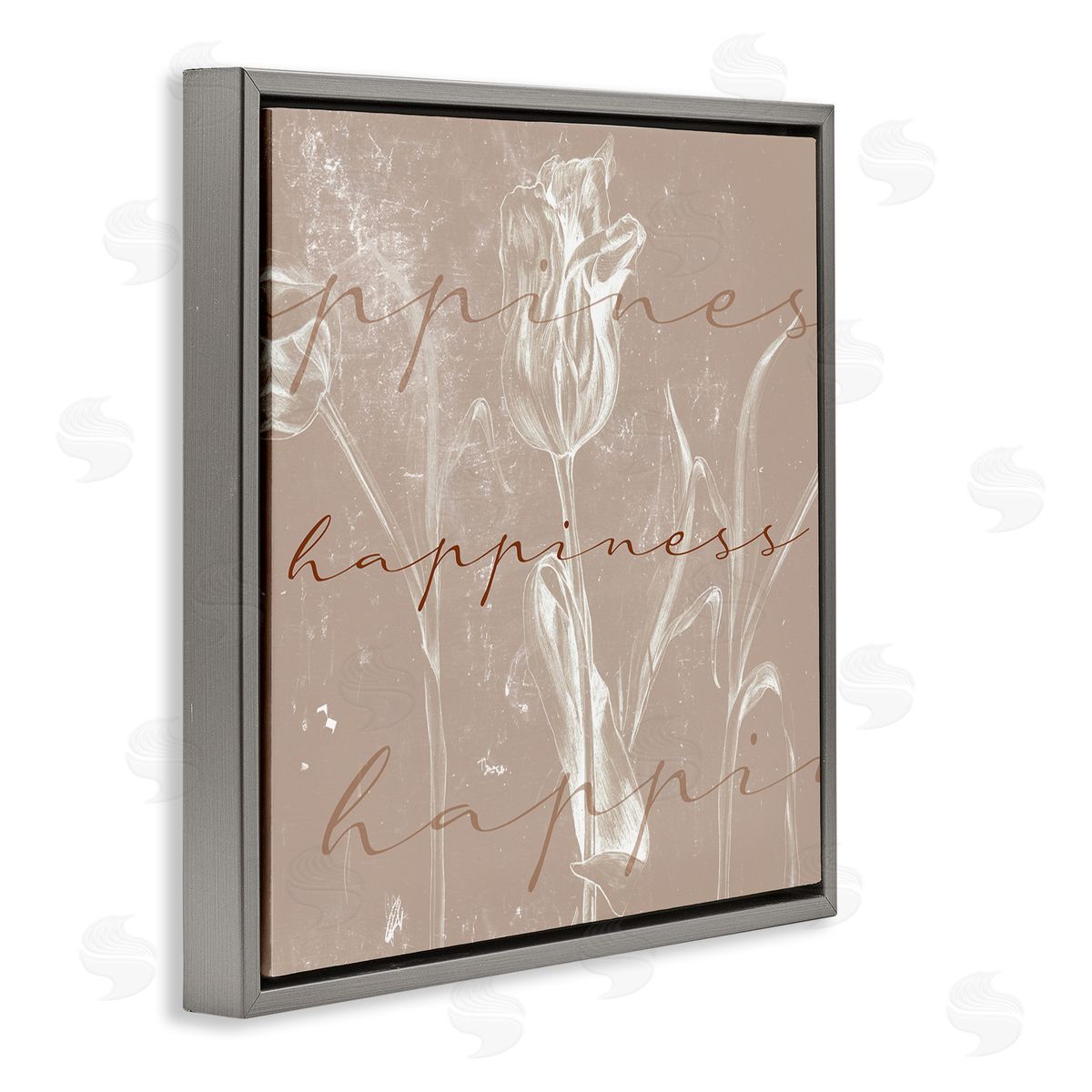 Stupell Studio Happiness Cursive Script Brown Tulip Illustration Gray Floater Frame Canvas Art