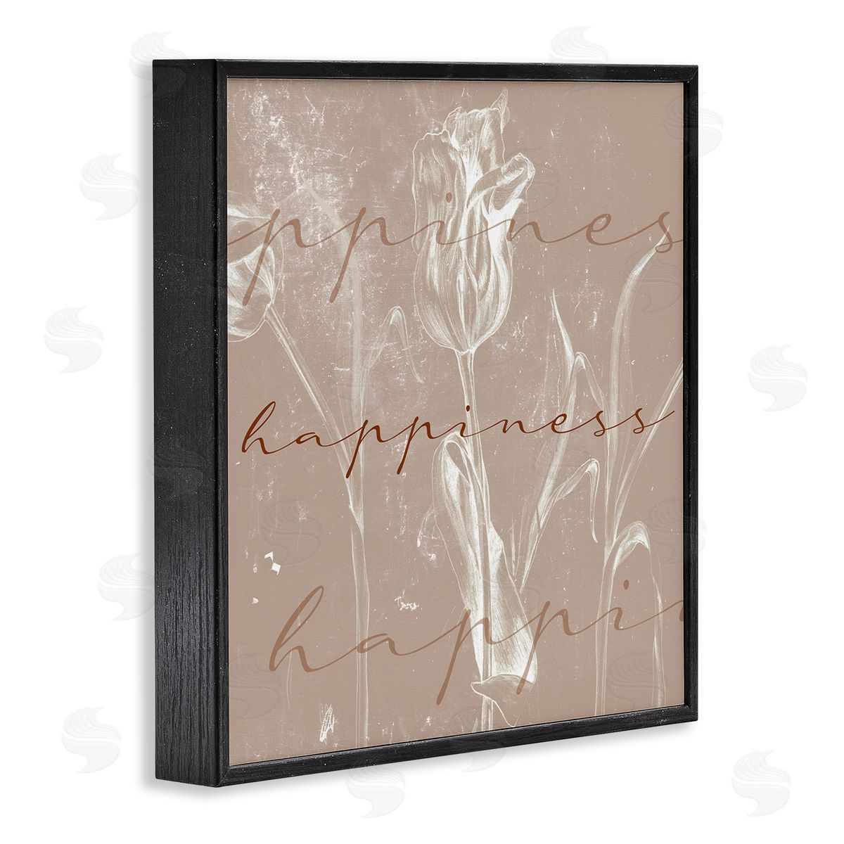 Stupell Studio Happiness Cursive Script Brown Tulip Illustration Black Framed Giclee Wall Art