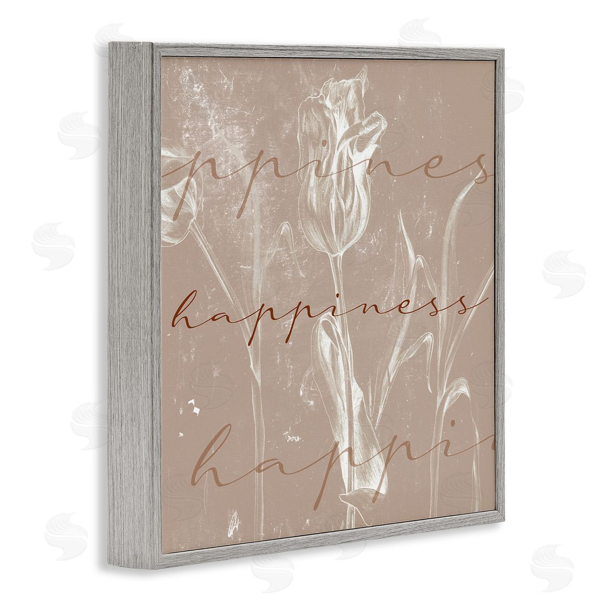Stupell Studio Happiness Cursive Script Brown Tulip Illustration Gray Framed Giclee Wall Art