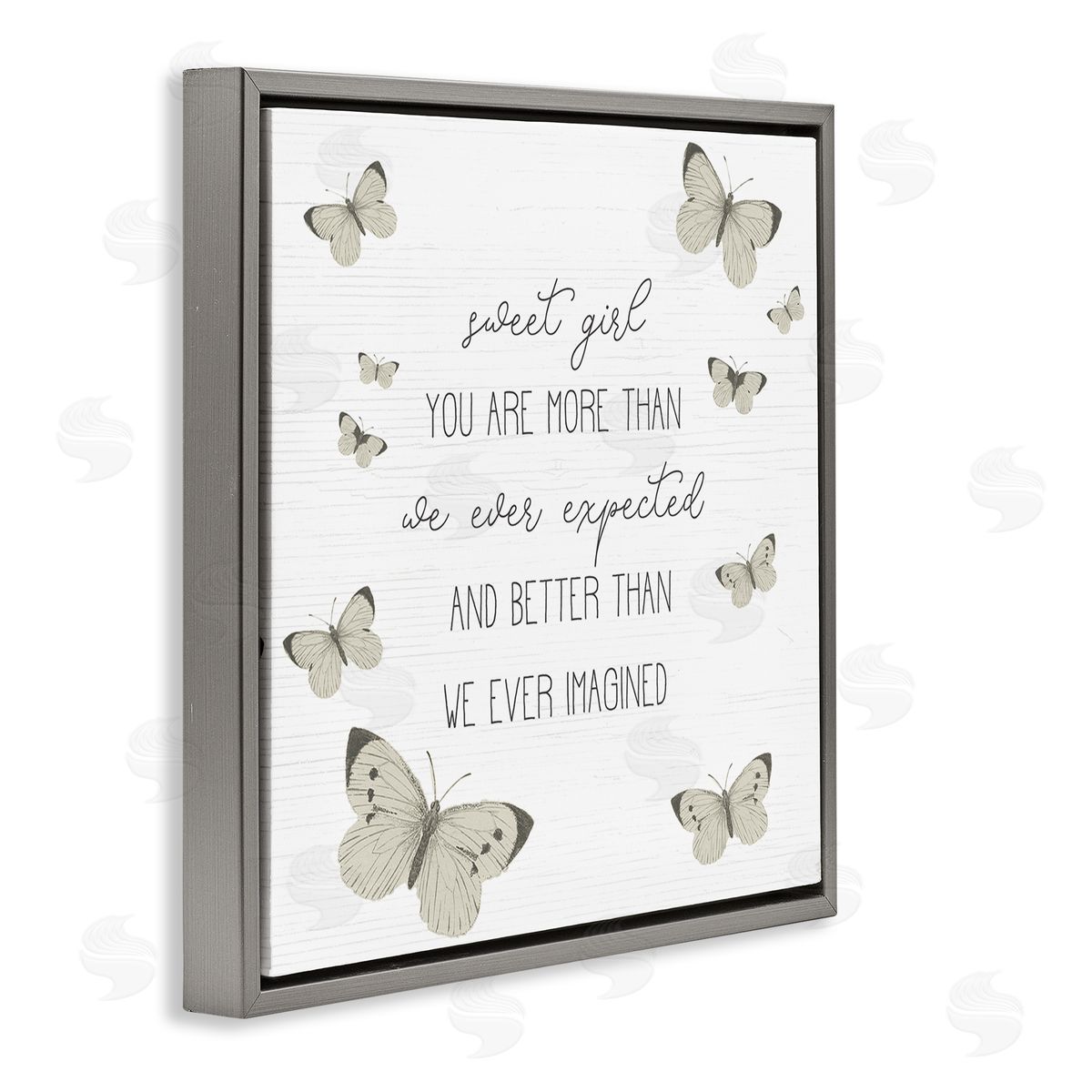 Stupell Studio Sweet Girl More Than Expected Phrase Charming Butterflies Gray Floater Frame Canvas Art