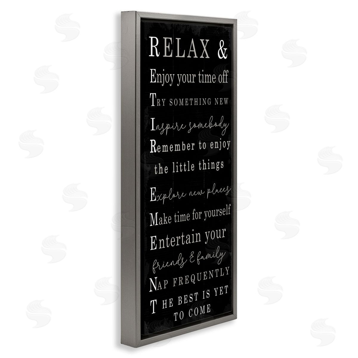 Stupell Studio Relaxed Retirement Phrases Black Distressed Pattern Gray Floater Frame Canvas Art