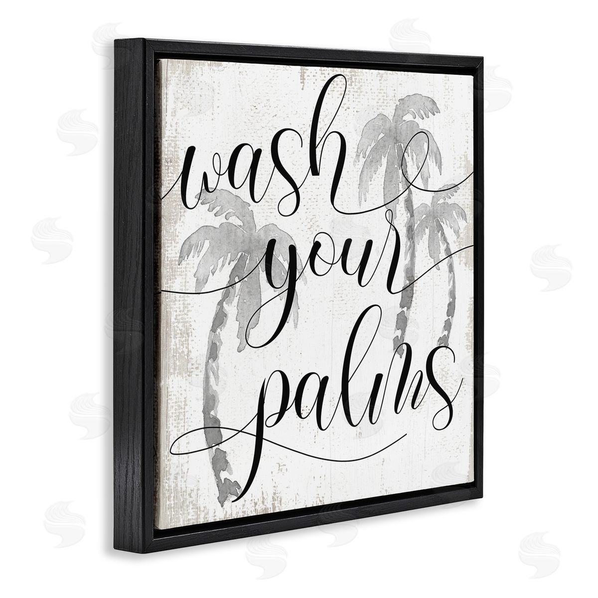 Stupell Studio Wash Your Palms Phrase Distressed Tropical Pun Black Floater Frame Canvas Art