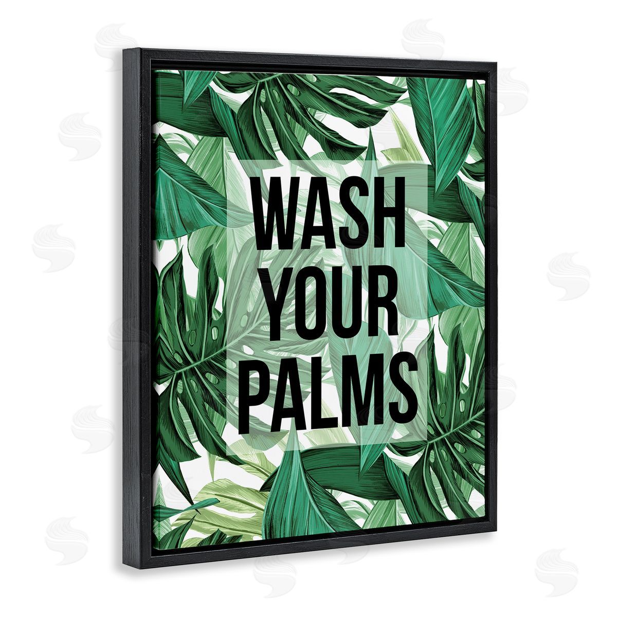 Stupell Studio Wash Your Palms Bathroom Phrase Green Plant Leaves Black Floater Frame Canvas Art