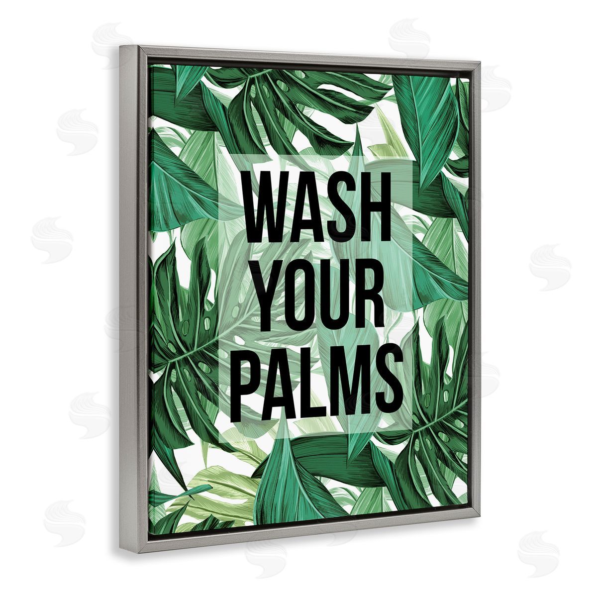 Stupell Studio Wash Your Palms Bathroom Phrase Green Plant Leaves Gray Floater Frame Canvas Art
