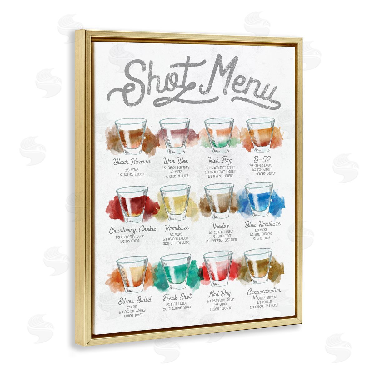 Stupell Studio Cocktail Shot Menu Kitchen Drink Recipes Gold Floater Frame Canvas Art