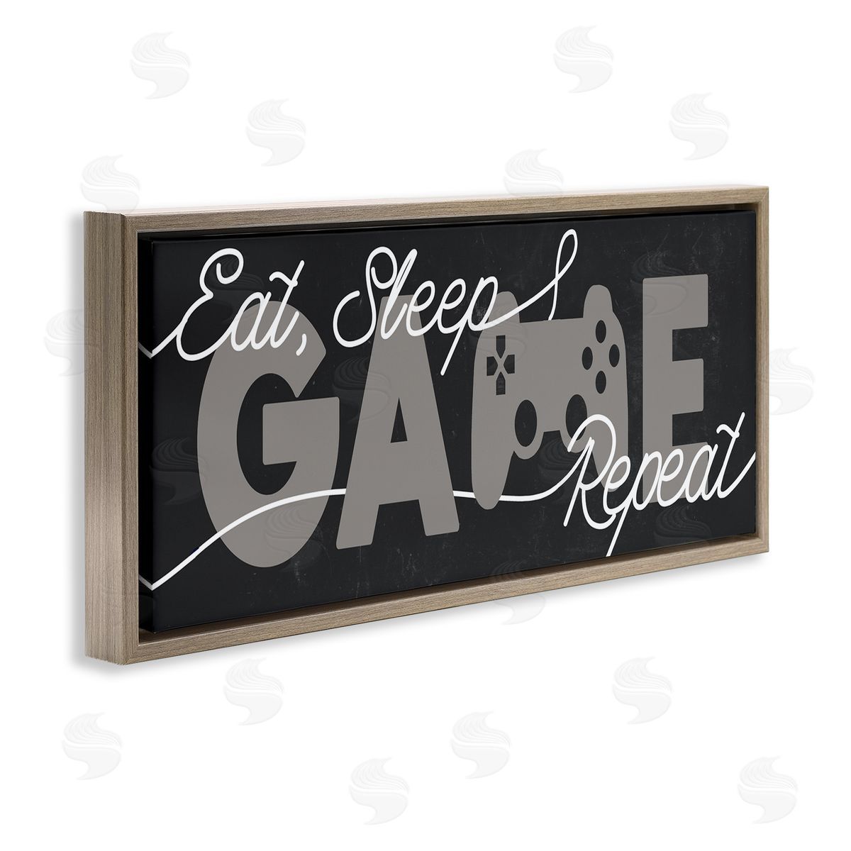 Stupell Studio Eat Sleep Game Repeat Phrase Minimal Grey Controller Brown Floater Frame Canvas Art