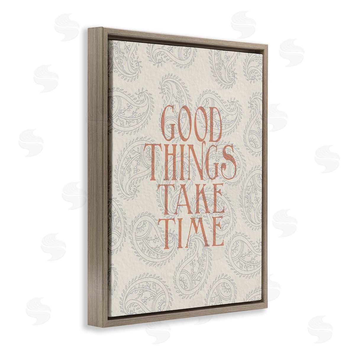 Stupell Studio Good Things Take Time Phrase Soft Paisley Pattern Brown Floater Frame Canvas Art