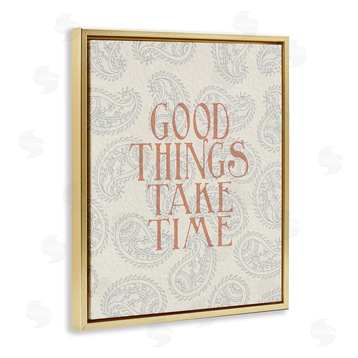 Stupell Studio Good Things Take Time Phrase Soft Paisley Pattern Gold Floater Frame Canvas Art