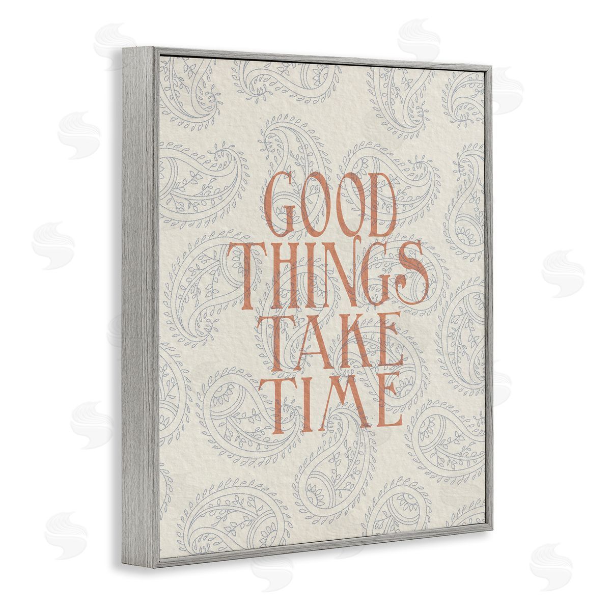 Stupell Studio Good Things Take Time Phrase Soft Paisley Pattern Gray Framed Giclee Wall Art