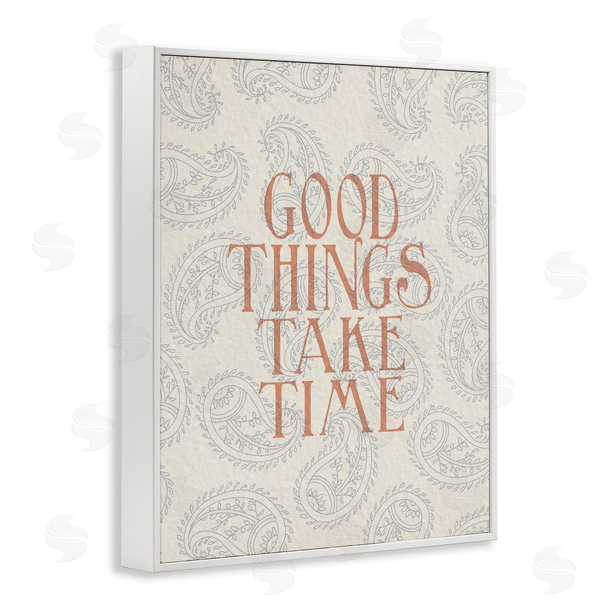 Stupell Studio Good Things Take Time Phrase Soft Paisley Pattern White Framed Giclee Wall Art