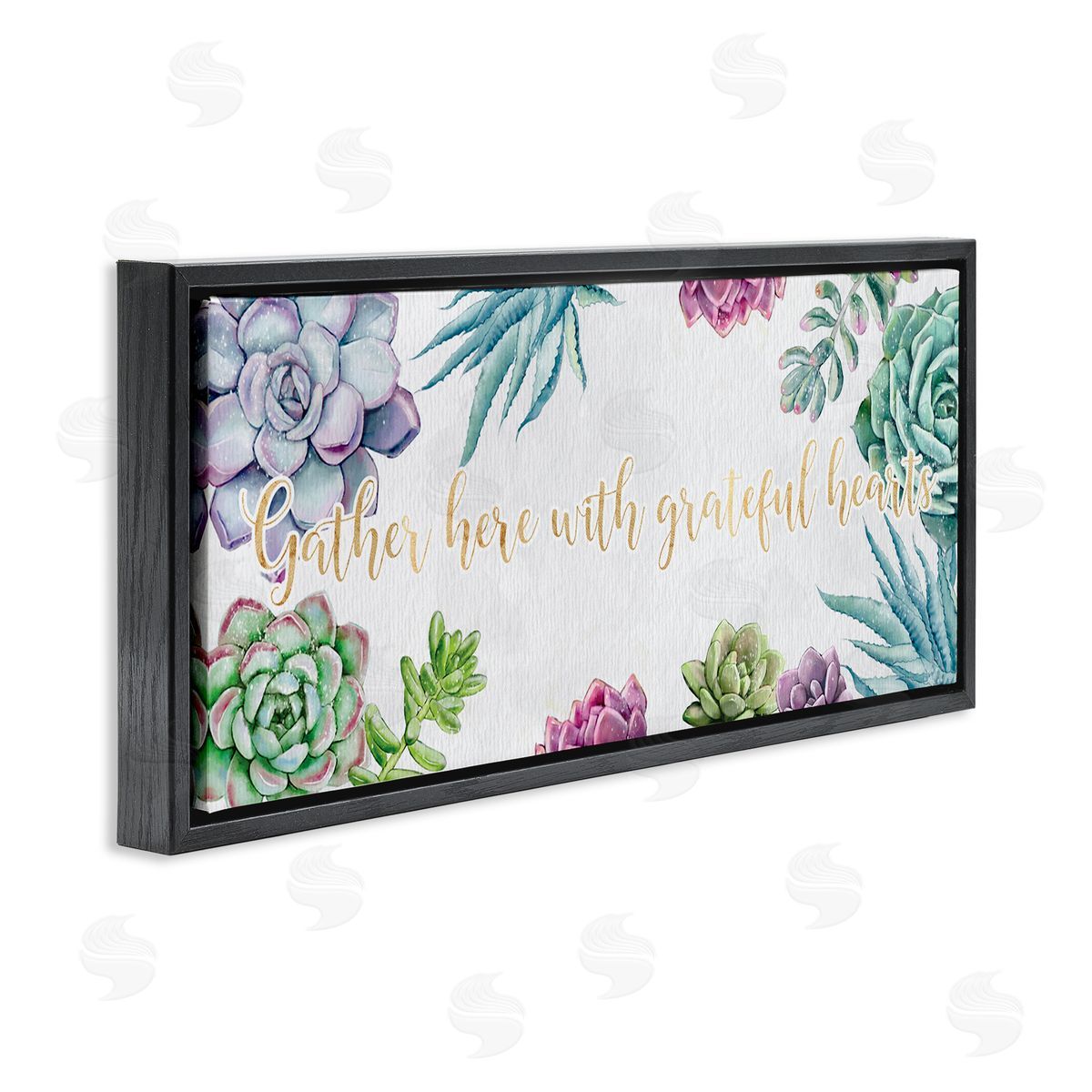 Ziwei Li Gather Here Grateful Hearts Phrase Blooming Succulents Black Floater Frame Canvas Art