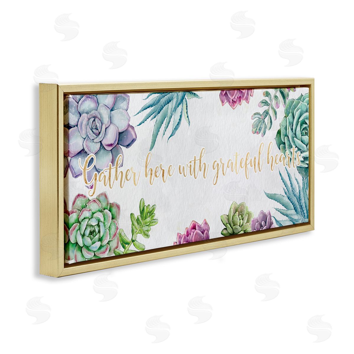 Ziwei Li Gather Here Grateful Hearts Phrase Blooming Succulents Gold Floater Frame Canvas Art