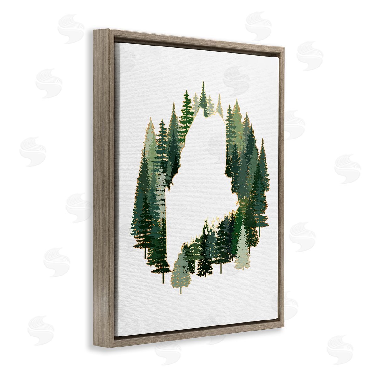 Ziwei Li Maine State Outline Green Forest Pine Trees Brown Floater Frame Canvas Art