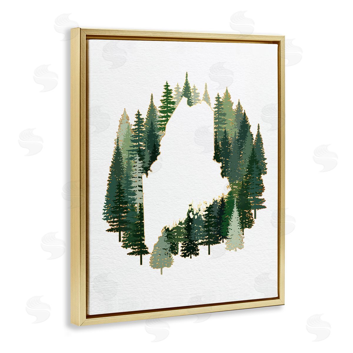 Ziwei Li Maine State Outline Green Forest Pine Trees Gold Floater Frame Canvas Art
