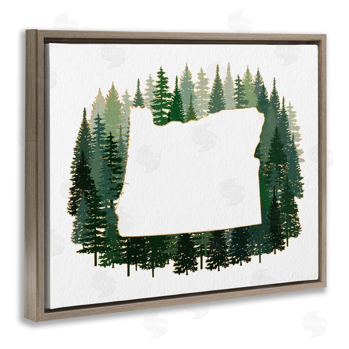 Ziwei Li Oregon State Outline Green Pine Tree Forest Brown Floater Frame Canvas Art