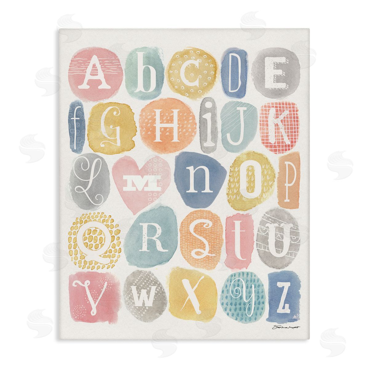 Stephanie Workman Marrott Soft Pattern Watercolor Letters Alphabet Chart Canvas Wall Art