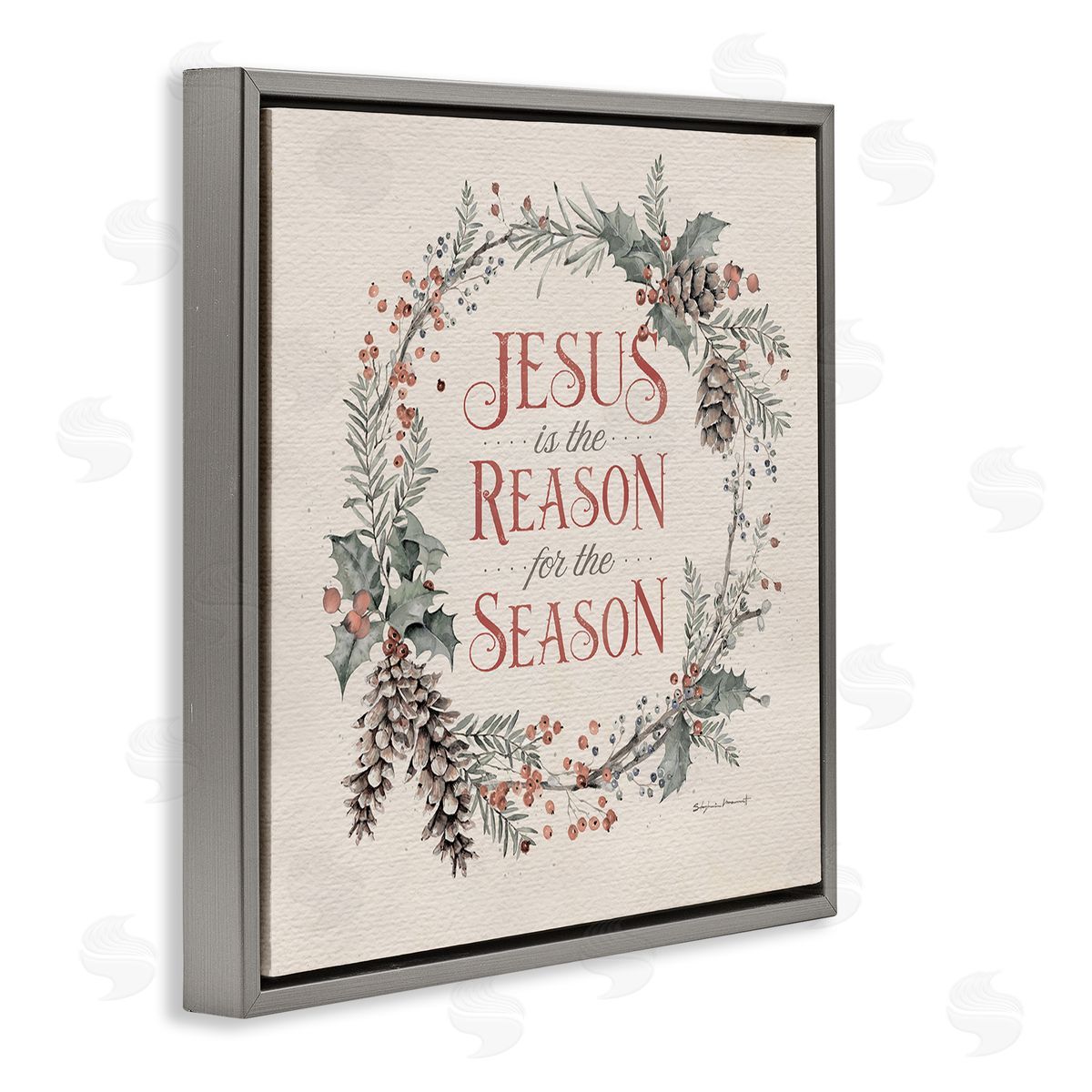 Stephanie Workman Marrott Jesus Reason For Season Winter Holiday Wreath Gray Floater Frame Canvas Art