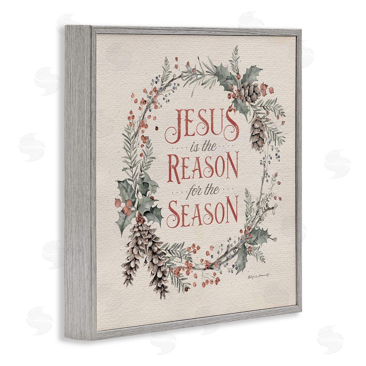 Stephanie Workman Marrott Jesus Reason For Season Winter Holiday Wreath Gray Framed Giclee Wall Art